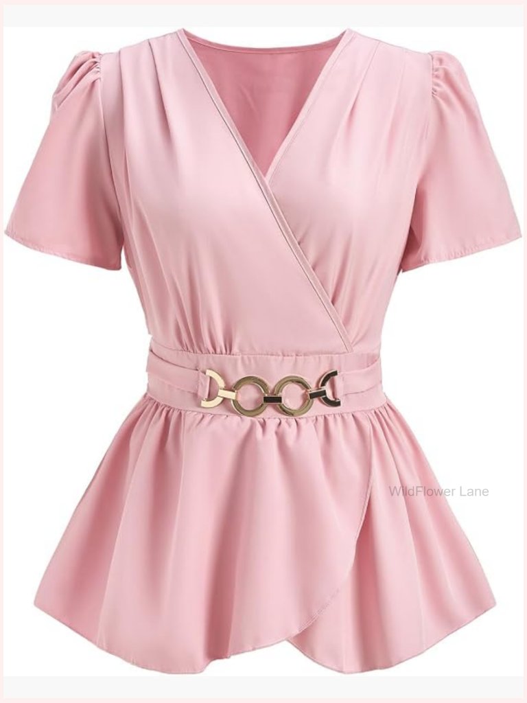 Wrap V Neck Peplum Top With Chain Decor Blouse